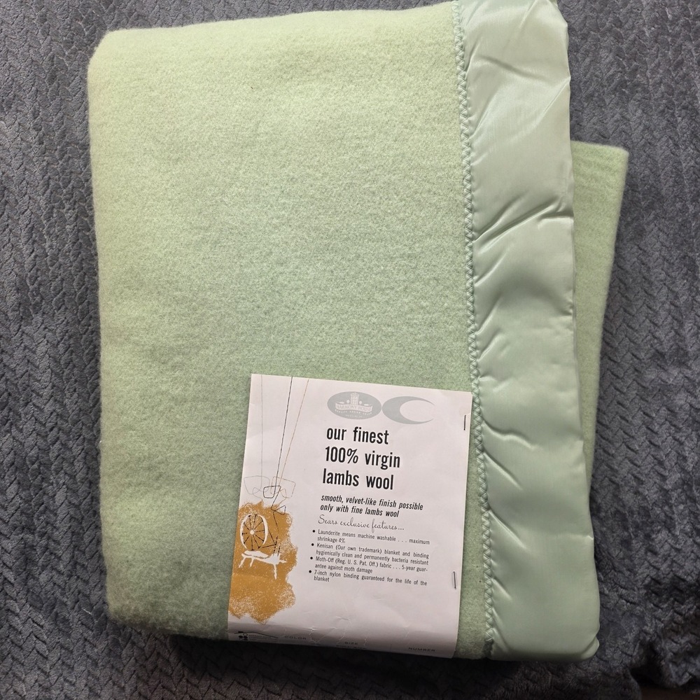 Vintage Sears Harmony House 100% Virgin Lambs Wool Blanket Full 80x90 Green NOS